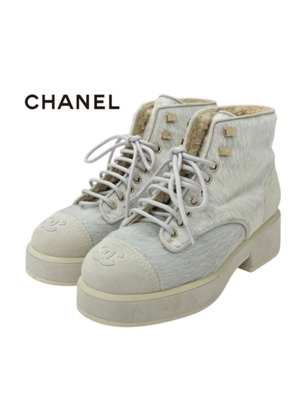 Chanel Boots Short Shoes Haraco Suede Shearling Beige Gray Coco Mark Lace - Picture 1 of 10